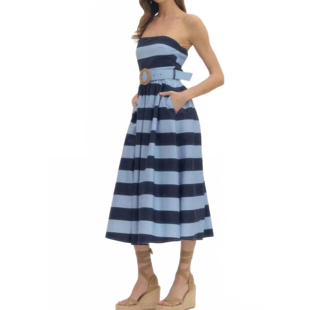 entro Strapless Midi Dress in Light Blue and Navy Stripes - Picture 3 of 4